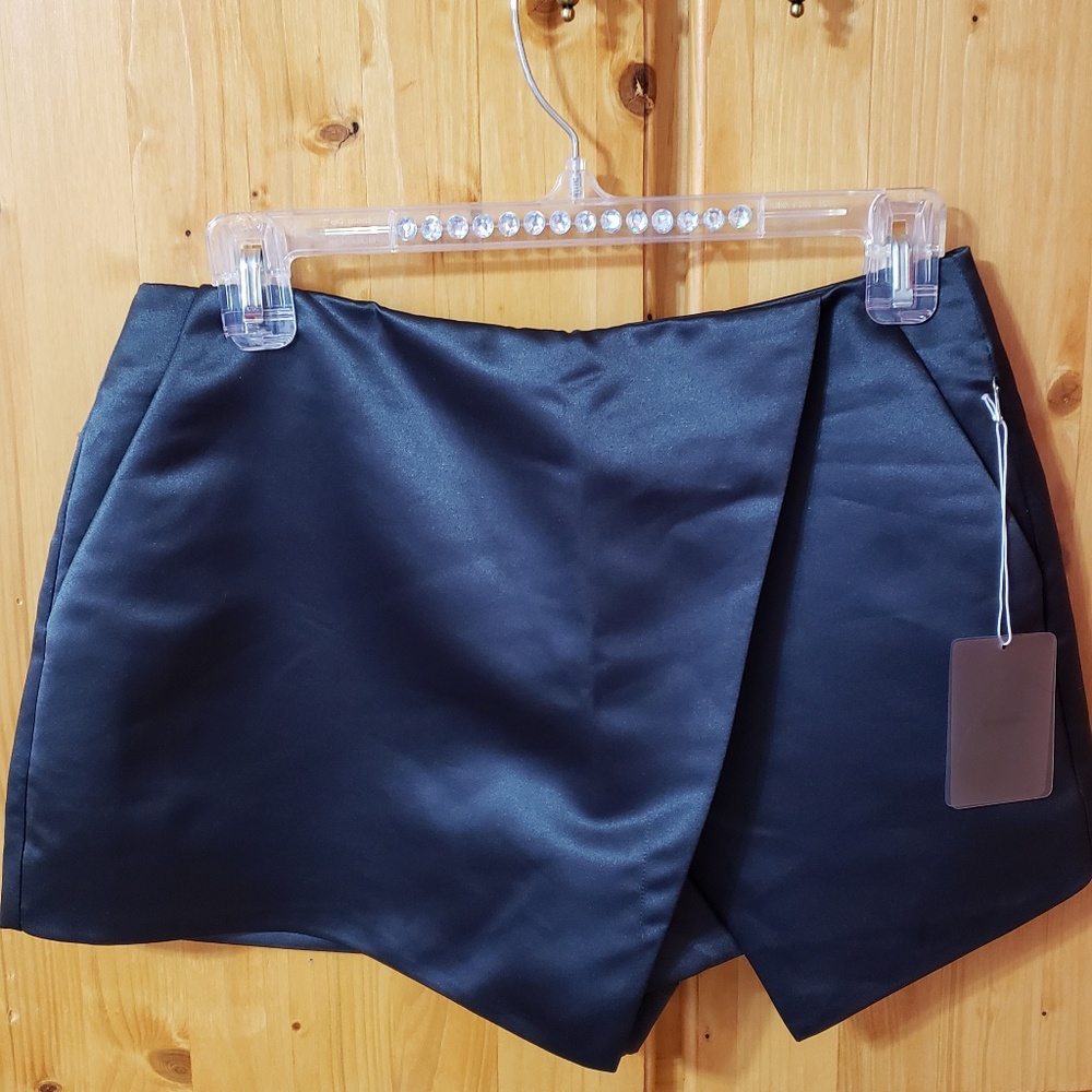Black Satin Asymmetrical Skort